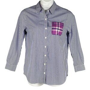 Vineyard Vines Womens 8 Relaxed Fit Purple Striped Button Up Shirt Plaid Pocket